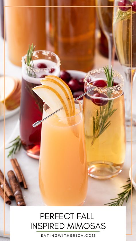 Fall Brunch Shower Ideas, Brunch Mimosa Recipe, Fall Brunch Drinks Alcoholic, Mimosa Bar Flavors, Fall Mimosa Bar Ideas Brunch Party, The Best Mimosa Recipe, Apple Cider Mimosa Bar, Fall Themed Brunch Food, Different Types Of Mimosas