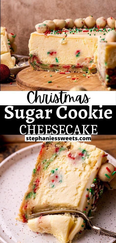 Holiday Dessert Christmas, Bake Off Recipes Dessert, Best Christmas Recipes Desserts, Holiday Baked Goods Recipes, Christmas Cute Desserts, Sugar Cookie Dough Cheesecake, Cookie Bottom Cheesecake, Thanksgiving Recipes Dessert Cheesecake, Sugar Cookie Cheesecake Cups