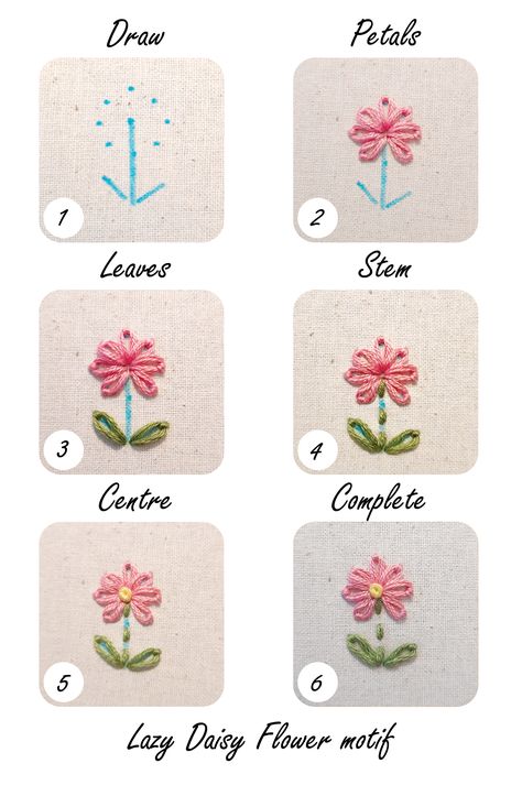 Step-by-step creation of a simple Lazy Daisy flower motif. Ideas For Teachers Day, Daisy Costume, Basic Flower, Converse Embroidery, Daisy Stitch, Flora Pattern, Daisy Embroidery, Embroidery Motif, Lazy Daisy Stitch