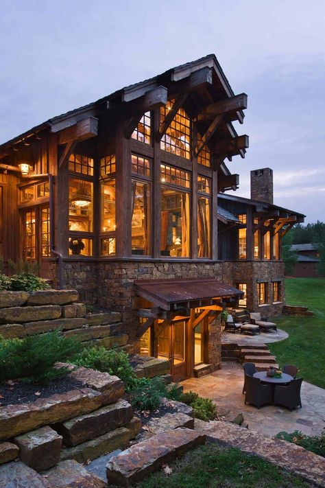 Striking rustic stone and timber dwelling in Ontario, Canada Walkout Basement Patio, Rustic Exterior, Large House, Rustic Stone, Log Cabin Homes, Luxury Homes Dream Houses, Dream House Exterior, House Goals, Cabin Homes