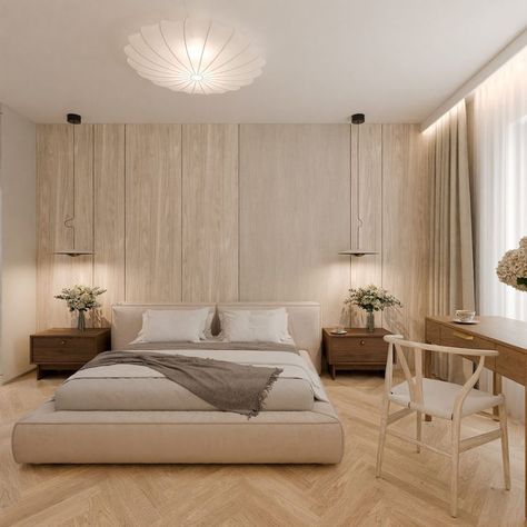 Explore a Scandinavian-inspired minimalist interior with cozy vibes, open floor plan, neutral tones, wooden accents, modern lighting, and understated luxury. Muji Bedroom Design, Muji Bedroom, Textured Feature Wall, Bed Window, Japandi Minimalist, Beige Bedroom, Minimalist Bedroom Design, Hotel Bedroom, Functional Furniture