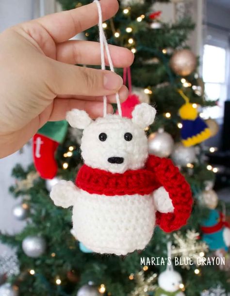 Crochet Polar Bear Christmas Ornament Pattern - Maria's Blue Crayon Polar Bear Amigurumi, Crochet Polar Bear, Crochet For Christmas, Bear Ornaments, Polar Bear Ornaments, Ornament Crochet, Blue Crayon, Crochet Ornament Patterns, Christmas Diy Crafts