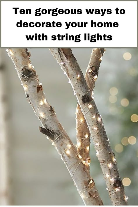 Outdoor String Lights Patio, Twinkle String Lights, Lighted Branches, Patio String Lights, Birch Branches, Christmas Porch Decor, Branch Decor, Twinkling Lights, Outdoor Lights