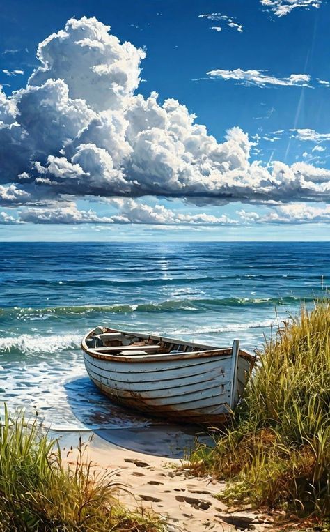 Boat Painting Acrylic, Best Painting Ever, Marine Life Art, Ocean Landscape Painting, Ocean Art Painting, Beach Scene Painting, Best Paintings, Beach Art Painting, Nature Photographer