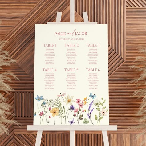 Wedding Seating Chart 150 People, Wildflower Seating Chart Wedding, Wedding Table Chart Display, Simple Garden Party Wedding, Wildflower Seating Chart, Wildflower Wedding Signage, Wildflower Barn Wedding, Spring Wedding Seating Chart, Small Wedding Seating Chart