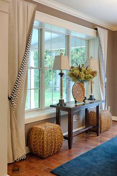 Dark table, woven baskets. Could add African calabash, woven basket, woman candle holder. Fireplace With 2 Windows On Each Side, Large Living Room Windows, Picture Window Curtains, Filming Studio, Large Window Treatments, Fireplace Room, Bay Window Curtains, Rose Street, Farmhouse Window