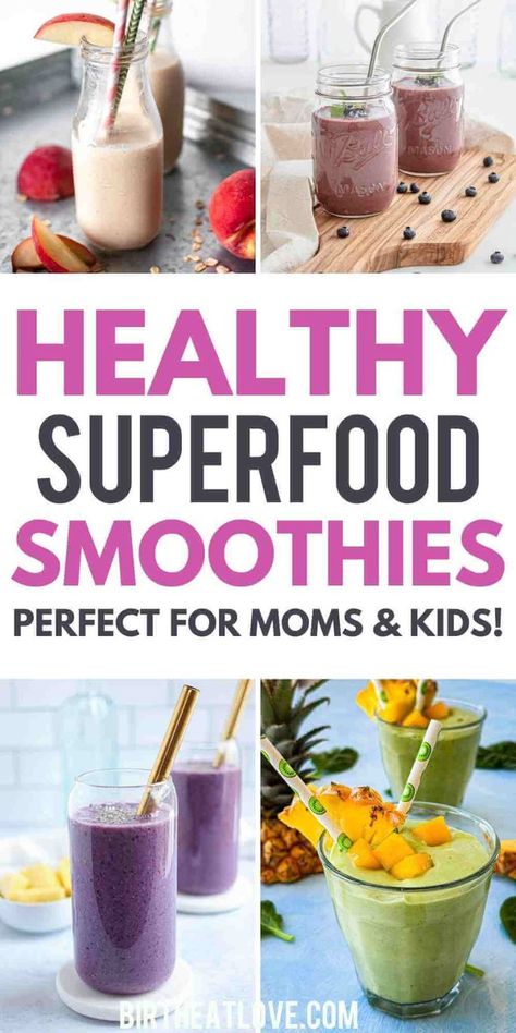 Want your kids to eat healthier? Give them smoothies loaded with super foods! Smoothies make great healthy snacks or breakfast for kids and Moms too! Here's some superfood smoothie recipes you can make for the whole family with clean ingredients and lots of fruits and vegetables! Love serving these along with healthy mom meals! Smoothie Kids Recipes, Smoothie Meals, Family Smoothie Recipes, Smoothie Recipes Healthy Benefits, Fruit Smoothies For Kids, Clean Eating Recipes For Kids, Kids Smoothies Healthy, Kid Smoothies, Whole Food Meals For Kids