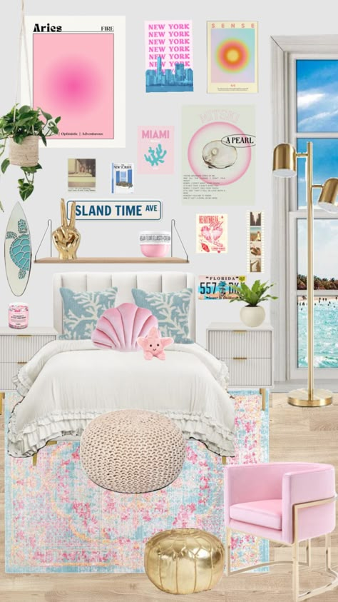 #fyp #room#roominspo#preppy#beach#bedroom Costal Teenage Bedroom, Girly Beach Bedroom, Blue And Pink Room Decor, Coastal Preppy Room, Beds Preppy, Coastal Pink Bedroom, Preppy Beach Bedroom, Room Ideas Bright, Room Inspo Preppy