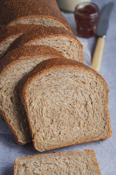 Vegan wholemeal sandwich bread - this easy wholemeal bread loaf is made using the tangzhong method which helps to keep it wonderfully soft and moist. It is an every day, versatile loaf of bread that is perfect for sandwiches, toast, snacking and dunking in soup. Brown Bread Sandwich, Bread Pictures, Sandwhich Bread, Tangzhong Method, Whole Wheat Sandwich Bread, Wheat Sandwich Bread, Bread Photography, Hokkaido Milk Bread, Bottle Of Milk