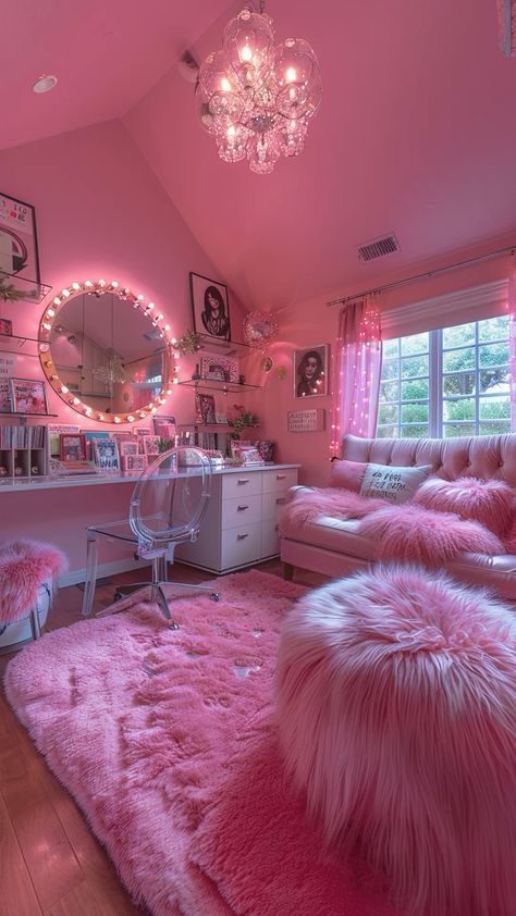 Pink Barbie Room Decor, Huge Pink Bedroom, Chic Girly Bedroom, Girly Beauty Room, Lady Room Ideas Bedrooms, Dream Room Inspiration Pink, Pink Movie Room, Light Pink And White Bedroom Ideas, Pink Bedroom Art