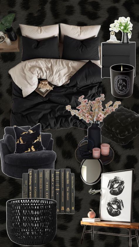 Dark Coquette Decor, Dark Sultry Bedroom, Black And Brown Room Aesthetic, Red Black And White Room, Grungequette Room, Edgy Bedroom Decor, Black Aesthetic Bedroom, Black Bedding Room Ideas, Dark Themed Bedroom