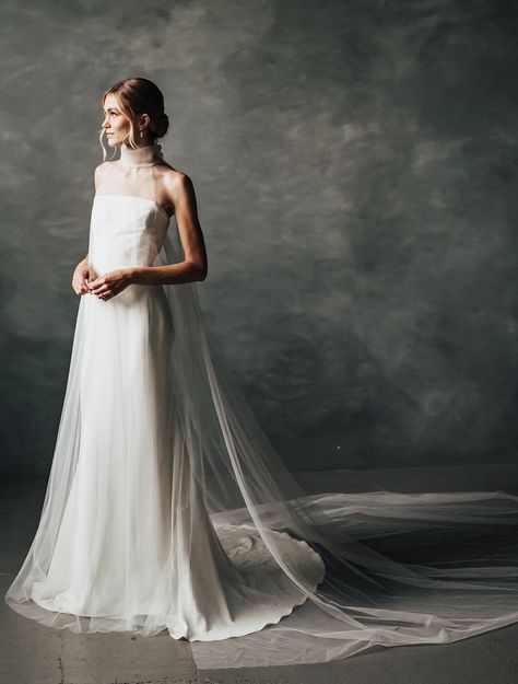 Wedding Dress With Sheer Overlay, Elopment Dresses Long, Cape Veil Wedding Dress, Danielle Frankel, Danielle Frankel Bridal, Danielle Franklin Wedding Dress, Wedding Dresses Winter, Hailey Bieber Wedding Dress, Sheer Sleeve Wedding Dress