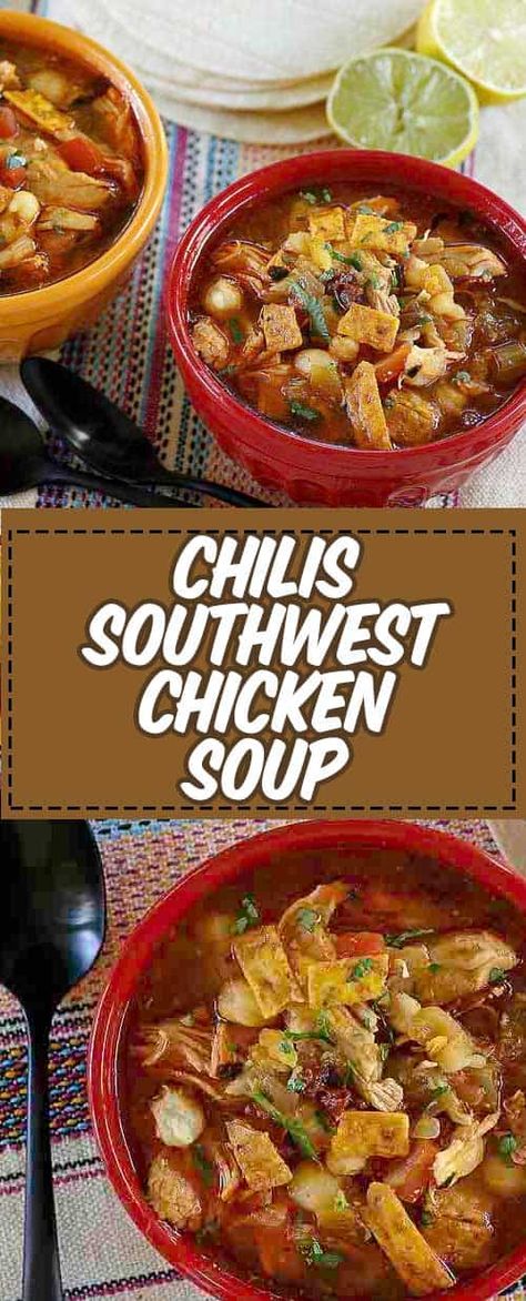 You can recreate Chilis Southwest Chicken Soup at home with this easy recipe. Packed full of chicken, hominy, beans and more. This soup is filling and so delicious. #copykatrecipes #chickensoup #chilis Chilis Southwest Chicken Soup, Soup With Hominy, Southwest Soup, Chilis Copycat Recipes, Southwestern Chicken Soup, Southwest Chicken Soup, Spicy Chicken Soup, Pollo Teriyaki, Quick Soup