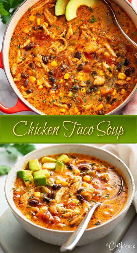 chicken taco soup with beans, shredded chicken, corn, tomatoes, and avocado. Mexican Chicken Taco Soup, Soup Hearty Comfort Foods, South Western Soup, Chicken Nacho Soup, Spicy Mexican Soup Recipes, Mexican Turkey Soup Recipes, Easy Soup With Chicken Broth, Mexican Chicken Chowder Soup, Taco Soup For Large Crowd