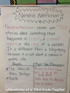 Nonfiction Anchor Chart, Narrative Nonfiction, Ela Anchor Charts, Literary Nonfiction, 6th Grade Reading, Classroom Anchor Charts, Reading Charts, Lazy Saturday, Reading Anchor Charts