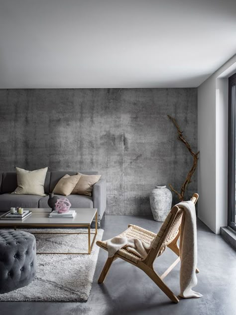 Concrete Wall Living Room, Masculine Decor Living Room, Concrete Walls Interior, Concrete Living Room, Concrete Wall Design, Concrete Interior Design, Room Wallpaper Designs, Masculine Living Rooms, Concrete Wall Panels