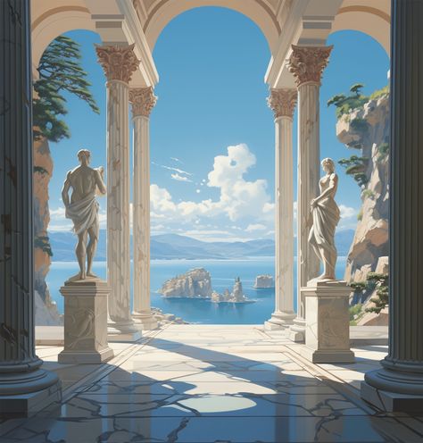 Ancient Art Aesthetic, Ancient Greek Garden, Epic The Movie, Greek Bedroom, Turquoise Dresses, Water Kingdom, Greece Architecture, Monumental Architecture, Ancient Pyramids