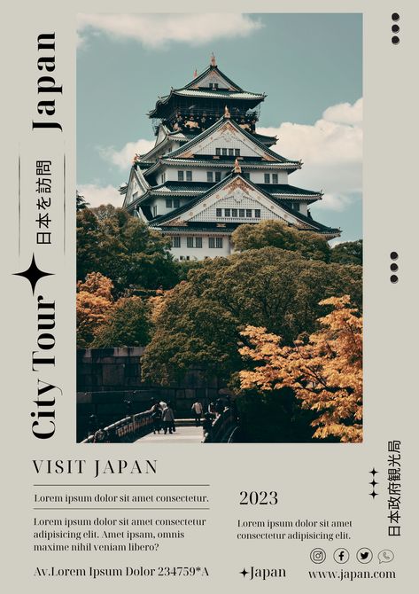 Poster travel in Japan Japanese Graphic Design Magazine, Graphic Design Travel Poster, Japan Travel Poster Design, Travel Magazine Aesthetic, Poster Japanese Design, Tourist Poster Design, Magazine Cover Travel, Travel Magazine Layout Design Creative, Travel Poster Design Ideas