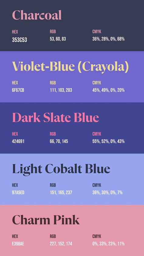 Colors:
353C53
6F67CB
424691
97A5ED
E398AE Unique Color Names, Unique Color Schemes, Rgb Color Codes, Website Color Palette, Pantone Colour Palettes, Color Design Inspiration, Color Palette Challenge, Color Catalog, Best Of Luck