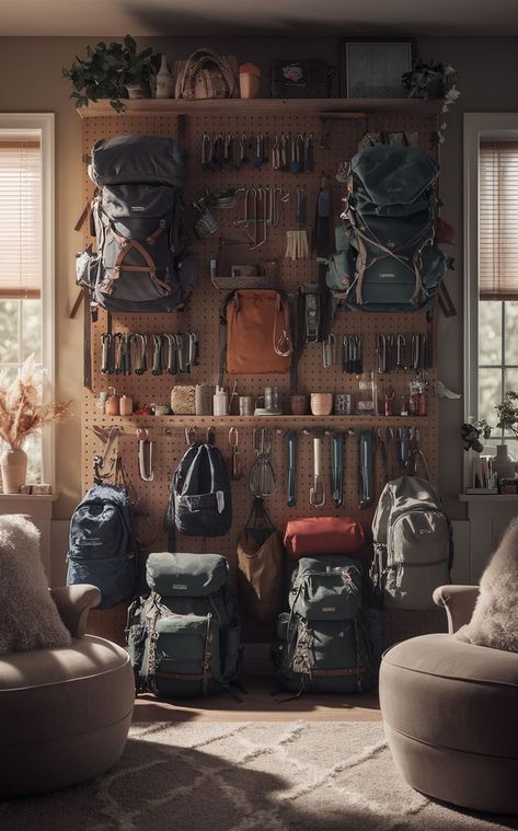 A DIY pegboard setup in a craft room featuring a customizable backpacking gear wall with organized gear. Backpacking Gear Storage, Pegboard Setup, Gear Room Ideas, Outdoor Gear Storage, Diy Pegboard, Camping Room, Adventure Room, Gear Wall, Garage Storage Inspiration