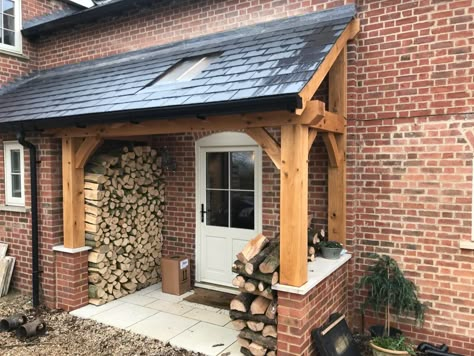 Oak Porches / Oak Framed Porches/Solid Wood Canopy Porch | Hortus Ligneous Oak Porches, Back Door Porch, Porch Oak, Oak Porch, Canopy Porch, Porch Extension, Timber Frame Porch, Front Door Canopy, Cottage Front Doors