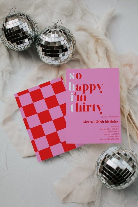 Celebrate your milestone with our editable modern pink 30th birthday invitation, adding a touch of humor to your special day. This funny invite template features a trendy checker print design, perfect for a woman's 30th birthday bash. 𝑵𝑶𝑻𝑬: 𝑨𝒍𝒍 𝒕𝒆𝒙𝒕 𝒊𝒔 𝒆𝒅𝒊𝒕𝒂𝒃𝒍𝒆. 🎉 𝑯𝑶𝑾 𝑫𝑶𝑬𝑺 𝑰𝑻 𝑾𝑶𝑹𝑲? 🎉 Once purchased, you will receive a link to a PDF, which will include your 5x7" template and instructions for printing and customizing in Canva.  Canva is a free (and easy-to-use) Birthday Ideas Pink, Pink 30th Birthday, 30th Birthday Invite, 30th Birthday Party Themes, Funny 30th Birthday, 30th Birthday Ideas For Women, 30th Birthday Themes, 30th Birthday Bash, 30th Bday Party