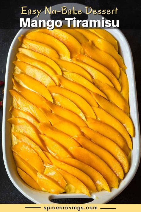 Light and creamy Mango Tiramisu combines delicately sweet ladyfingers with mango mascarpone cream and fresh mango for an easy, no-bake fusion dessert. Mango Deserts Easy, Easy Mango Desserts, Mango Tiramisu Recipe, Mango Tiramisu, No Egg Desserts, Air Fryer Recipes Vegetarian, Deserts Easy, Mango Dessert, Mascarpone Cream