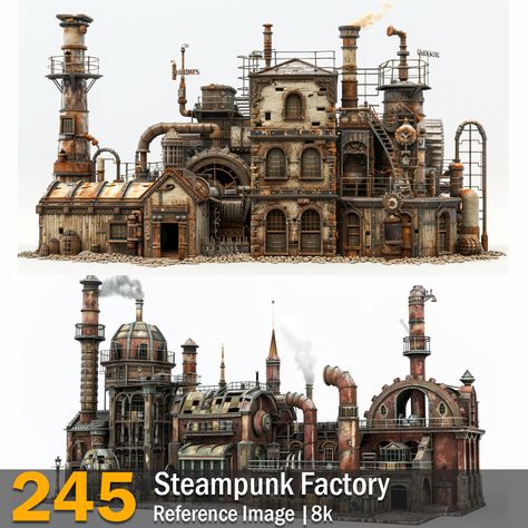 Steampunk Factory | Reference Images | 8K,  on ArtStation at https://www.artstation.com/artwork/Evl2D8 Steam Punk Factory, Industrial Design Aesthetic, Steam Punk House, Steam Punk City, Steampunk Tower, Steampunk Environment, Steampunk Castle, Factory Architecture Design, Steampunk Cowboy