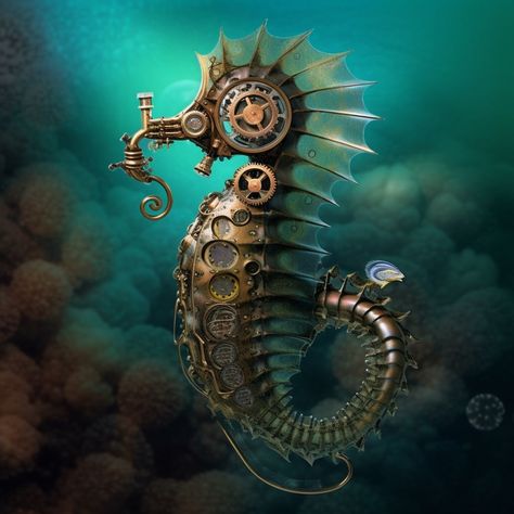 A #steampunk inspired seahorse #midjourney #midjourneyart #MidjourneyAI #midjourneyartwork #AIArtwork Steampunk Seahorse, Dark Nautical, Steampunk Ship, Steampunk Elements, Steampunk Artwork, Astronaut Wallpaper, Art Aesthetics, Steampunk Art, Seahorses