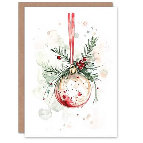 New Year Gift Card Ideas, Watercolour Bauble Card, Christmas Ornament Card, Bauble Christmas Cards, Christmas Watercolours, Christmas Watercolour Cards, Christmas Ornament Watercolor, Artistic Christmas Cards, New Year Greetings Card