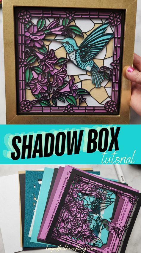 Learn how to make a beautiful 3D faux stained glass shadow box out of cardstock with a Cricut machine. Hummingbird Shadow Box Ideas, 3d Paper Shadow Box Templates, Vinyl Crafts Cricut, 3d Shadow Box Template Free, Shadow Box Free Svg, Paper Crafts With Cricut, Free 3d Shadow Box Cricut Svg Free, Cricut 3d Shadow Box Ideas, Shadow Box Decor Ideas