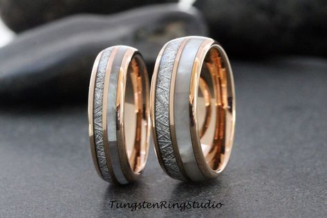 "An amazing combination of Natural Mother of Pearl and Imitated Meteorite creates the desired wedding ring, an anniversary ring for couples. The mother of pearl and Meteorite inlaid over the groove of the tungsten setting, and finally covered with our protective armor layer that shields it from water, dirt, and grime in order to protect the inlay inside. The rings look great for every day or on your occasions. Why Choose Us For Your Wedding Ring? - Rings built to wear 24/7 - No need to maintain, Rose Gold Tungsten, Mens Rings, Tungsten Wedding Rings, Tungsten Carbide Rings, Etsy Wedding Rings, Bridal Bands, Tungsten Ring, Tungsten Carbide, Interstellar