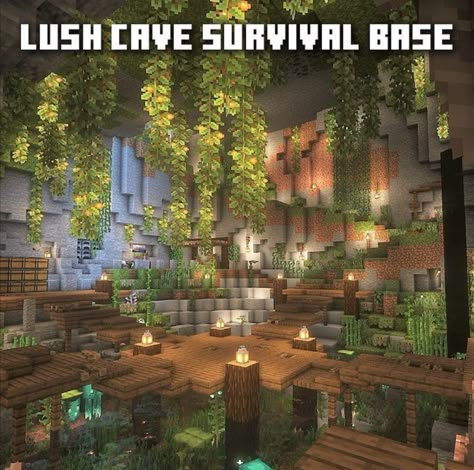 Minecraft Building Ideas Cave House, Minecraft In Cave House, Lush Cave Design Minecraft, Lush Cave House Ideas Minecraft, Cave House Inspo Minecraft, Mining Base Minecraft, Cool Cave Houses In Minecraft, Minecraft House Cave Ideas, Minecraft House In Caves