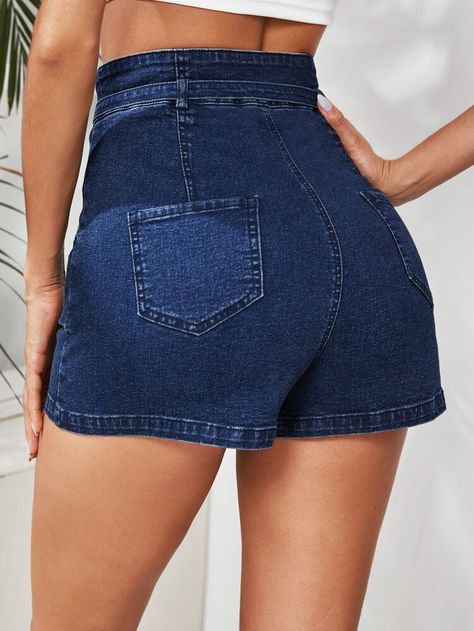 Women Denim Shorts, Denim Shorts Outfit, Shorts Outfit, Just Run, Pocket Belt, Denim Shorts Women, Denim Design, Leather Shorts, Ladies Fashion