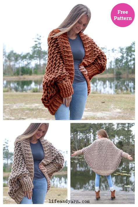 Cozy Cocoon Sweater Cardigan Free Crochet Pattern Crochet Cocoon Pattern Free, Cocoon Cardigan Pattern, Crochet Cocoon Pattern, Bulky Yarn Patterns, Alpine Stitch, Chunky Yarn Crochet, Crochet Cocoon, Cocoon Sweater, Crochet Sweater Pattern Free