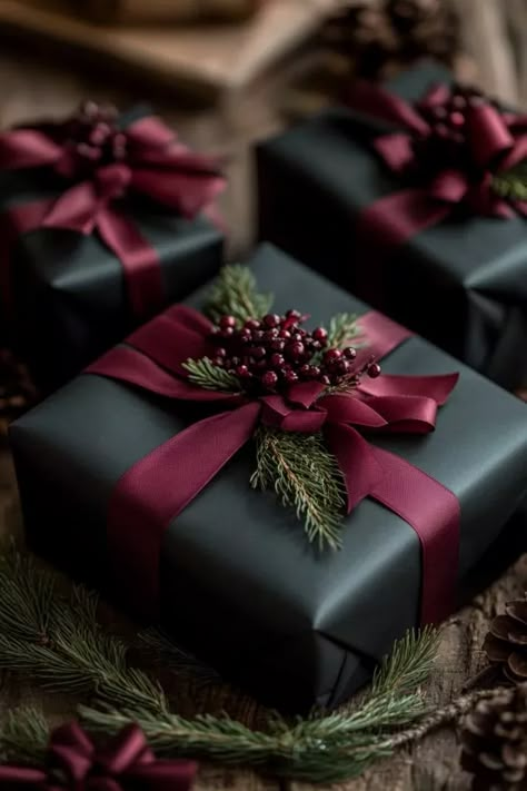 16 Moody Christmas Decor Ideas for a Super Cozy Holiday 32 Gift Wrap Accents, Christmas Decor Ideas Presents, Holiday Gift Boxes Ideas, Black Paper Christmas Wrapping, Plaid Christmas Wrapping Ideas, Black And Burgundy Christmas Decor, Presents Decoration Ideas, Dark Green Wrapping Paper Christmas, Luxury Wrapping Ideas