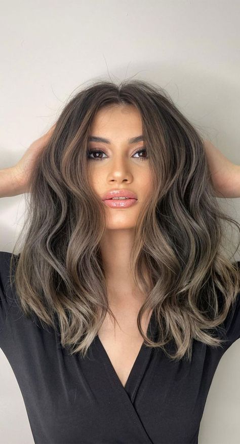 Ash Brown Hair Bayalage, Medium Length Mushroom Brown Hair, Ash Smokey Brown Hair, Ash Brown Hair Babylights, Mushroom Brown Hair Color Balayage Ombre, Mushroom Hair Highlights, Ash Toned Brown Hair, Balayage Short Hair Ash Brown, Ombre Mushroom Brown Hair