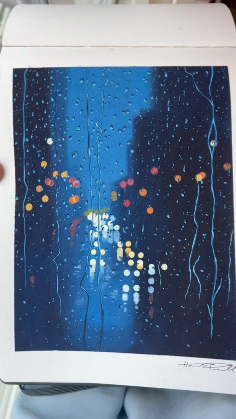 Hannah Pickerill on Instagram: "Cozy raindrop painting to end the year 💧 #art #artist #paint #painting #gouache #gouachepainting #landscape #bokeh #rain #rainpainting" Gouache Painting Wallpaper, Raindrops On Window Painting, Rain Window Painting, How To Paint Rain Drops, How To Paint Rain, City Painting Watercolor, Phyllis Shafer, Raindrops Painting, Raindrop Painting