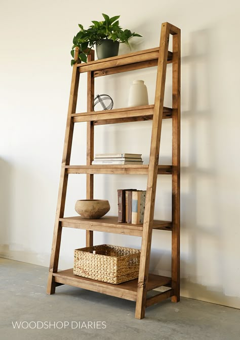 Shelf Ladder Diy, Plant Stand Bookshelf, Ladder Bookcase Diy, Wooden Ladder Bookshelf, Wooden Shelf Stand, Shelf Furniture Design, Diy Wood Ladder Shelf, Wooden Standing Shelves, Wooden Floor Shelf