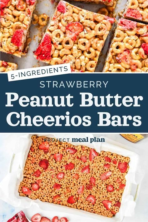 Enjoy a nostalgic, family-approved treat with these No-Bake Strawberry Peanut Butter Cheerios Bars! Make-ahead friendly, these crunchy bars take just 5 ingredients and taste like PB&J thanks to the freeze-dried fruit mixed right in! Baking With Cheerios, Pb Cheerio Bars, Strawberry Cheerio Bars, Homemade Fruit Bars Kids, No Bake Cheerio Bars, Freeze Dried Strawberries Uses, Freeze Dried Strawberry Granola Bars, Cheerios Recipes Peanut Butter, Freeze Dried Strawberries Recipe