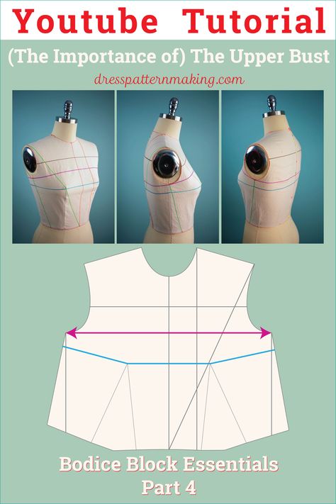 Understand the importance of the Upper Bust when drafting the Bodice Block. The Upper Bust is not often mentioned but is essential for a good fit. If you have a large (Patternmaking) Bust Cup, you need to have the correct Upper Bust measurement for the block to fit well. Bodice Block Drafting, Bodice Pattern Free, Moulage Draping, Pattern Drafting Bodice, Bodice Block, Mom And Baby Outfits, Pattern Drafting Tutorials, Threads Magazine, Bodice Pattern