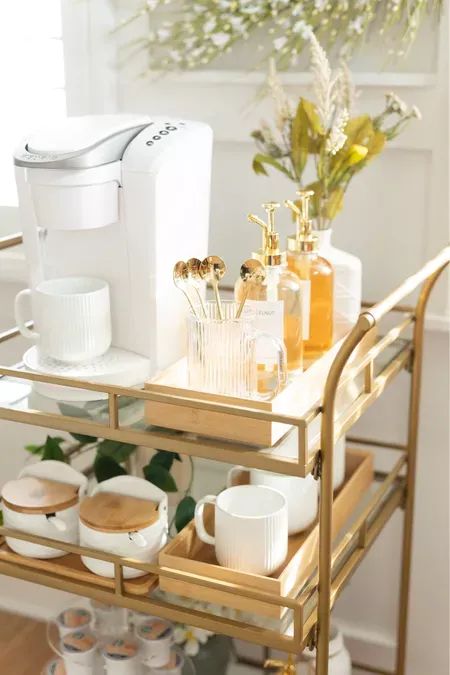 Coffee Bar Cart Ideas Small Spaces, Amazon Bar Cart, Coffee Bar Ideas Cart, Coffee Cart Kitchen, Coffee Cart Ideas Small Spaces, Bar Cart Coffee Station, Dorm Coffee Cart, Coffee Station Cart, Gold Bar Cart Decor Ideas