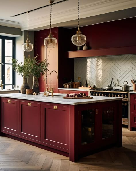 Berry Kitchen Cabinets, Names Of Rooms In A House, Burgundy Backsplash Kitchen, Kitchen Burgundy, Burgundy Kitchen Cabinets, Dark Red Kitchen, Red Kitchen Design, White Herringbone Tile Backsplash, Checkered Floor Kitchen