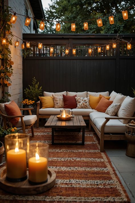 Transform your outdoor area with cozy fall decor by incorporating lanterns, string lights, outdoor rugs, and vibrant fall-colored cushions on your patio furniture. #FallDecor #OutdoorLiving #CozyPatio #Lanterns #StringLights #OutdoorRugs #PatioCushions #FallVibes Patio With Lights Ideas, Pack Patio Ideas, Apartment Patio Cozy, Vibey Outdoor Patio, Winter Patio Decor Outdoor Spaces, Outdoor Patio Ideas Furniture, Outdoor Lanai Decor, Fall Small Patio Decor, Cute Outdoor Patio Ideas