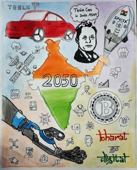 Vision Towards India 2050 Drawing, Future India 2050 Drawing, India In 2047 Poster Drawing, 2050 Future World Drawing, Future India Drawing, Future Drawing, Drawings With Meaning, Art Competition Ideas, Poster Competition