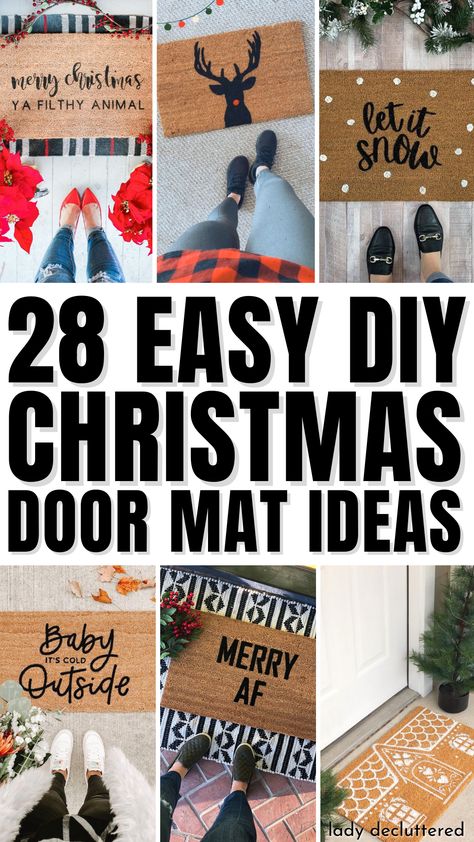 28 Easy DIY Christmas Door Mat Ideas Christmas Front Door Mats, Diy Christmas Rug Painting, Cricut Christmas Door Mat, How To Wrap A Door Mat As A Gift, Personalized Rugs Doormats, Diy Christmas Doormat Ideas, Doormat Christmas Diy, Grinch Door Mat Diy, Winter Door Mats Diy