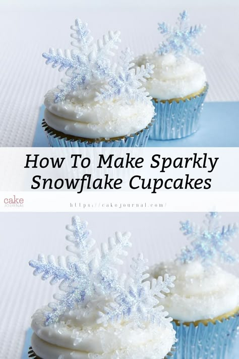 A cupcake topped with these glitzy little gems and sparkly snowflakes looks more wintery. Frozen Party Desserts, Frozen Cupcakes Ideas, Frozen Birthday Cupcake Ideas, Frozen Themed Desserts, Winter Wonderland Snacks, Frozen Cupcake, Snowflake Desserts, Elsa Cupcakes, Snowflake Cupcakes