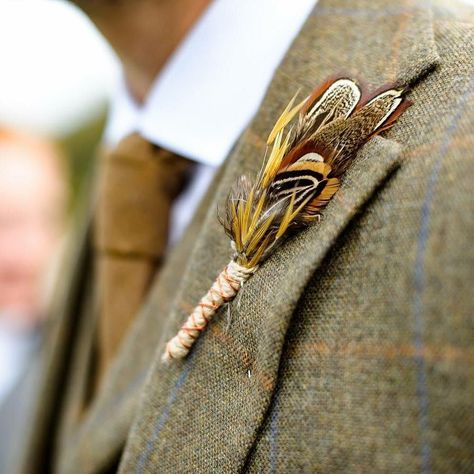 Camo Wedding Centerpieces, Blue Camo Wedding, Pheasant Feather Decor, Feather Wedding Decorations, Feather Ideas, Feather Boutonniere, Feather Bouquet, Pheasant Feather, Camo Wedding