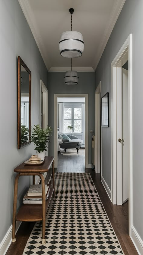 Creative Ideas for Decorating Narrow Hallways: Paint, Furniture, and Decor Tips Flat Corridor Ideas, 1930 House Hallway Ideas, Decorate Hallway Walls Narrow, Craftsman Hallway Ideas, Downstairs Landing Ideas, How To Make A Long Hallway Look Shorter, Traditional Hallway Decor, Long Narrow Hallway Ideas Farmhouse, Bedroom Hallway Decorating Ideas