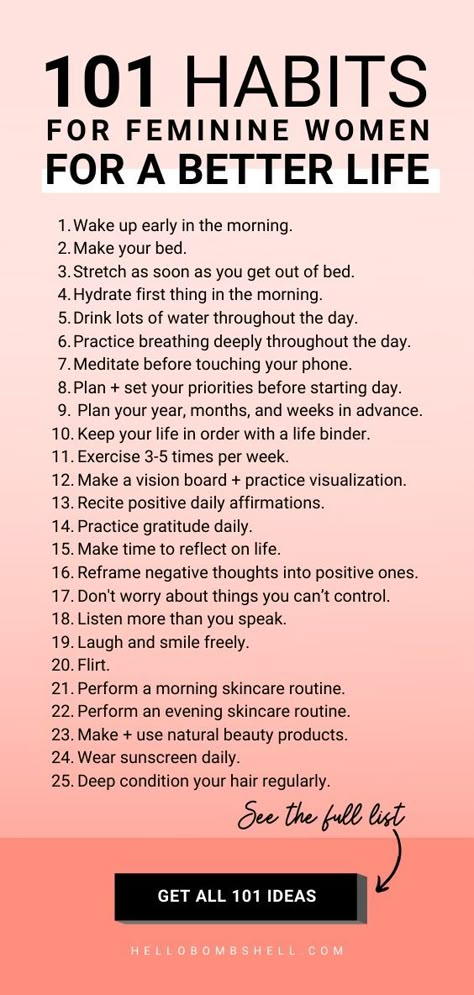 Good habits to start for women for self improvement  better life. Improve life  become a better person. Develop healthy habits  break bad habits, fast. Self help tips, life hacks, personal development, goals, personal growth, self improvement, motivation, challenge, self esteem, confidence  wellness. Habit tracker, habit ideas, habits list, morning routine, habits of successful people and mental health. #lifehacks #habits #goals #motivation #mindset #personaldevelopment #selflove #selfcare Good Habits To Start, Become A Better Person, Healthy Life Hacks, Habits To Start, Developing Healthy Habits, Break Bad Habits, Habits Of Successful People, Avocado Smoothie, Vie Motivation